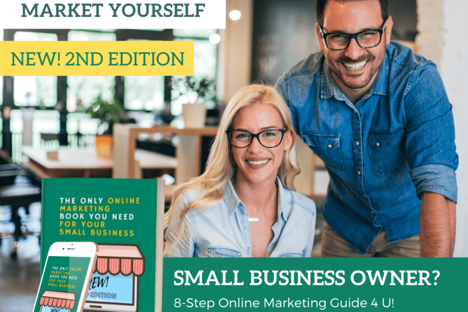 small businessman and woman smiling in the office. a copy of a paperback and ebook is shown.