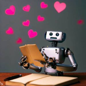 a robot in love, writing a book