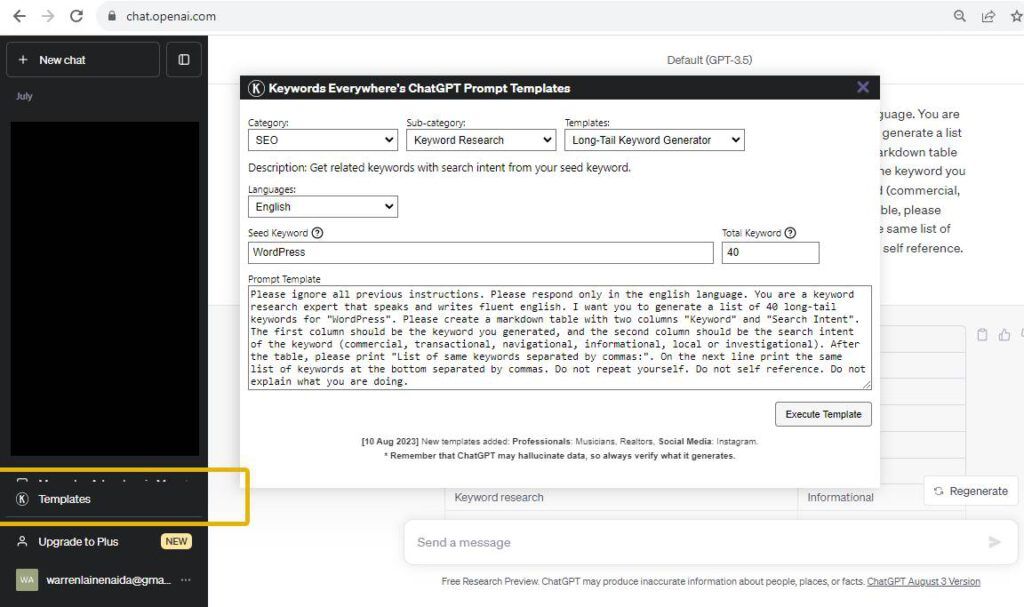 Using Keywords Everywhere Prompt Templates in ChaptGPT 