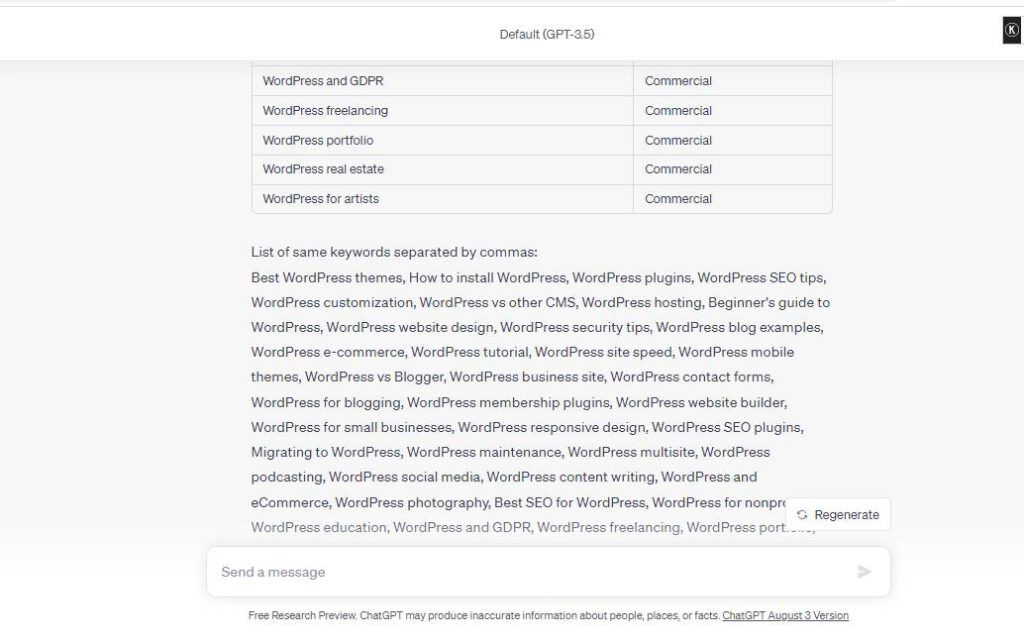 Using Keywords Everywhere Prompt Templates in ChaptGPT  to create long-tail keywords for the keyword WordPress