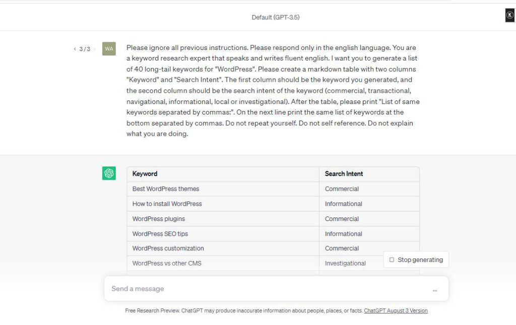 Using Keywords Everywhere Prompt Templates in ChaptGPT  to create long-tail keywords for the keyword WordPress