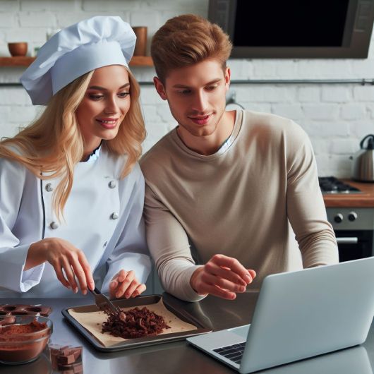 a blond female chef and a male chef cooking a chocolate recipe together. there is a laptop also on the kitchen counter near them.