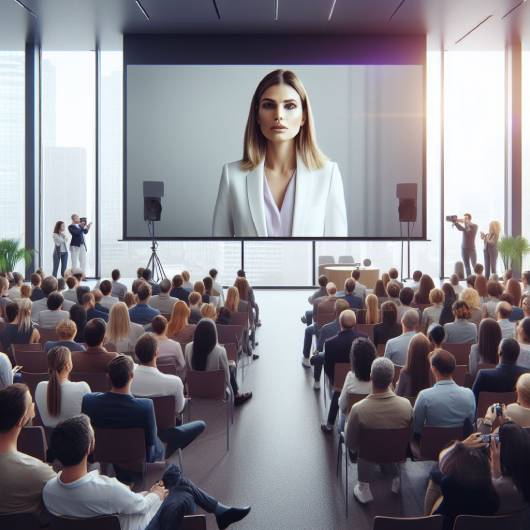 AI woman talks to people from a big screen