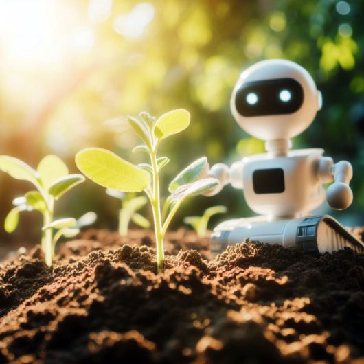 a robot farmer in a field with baby plants