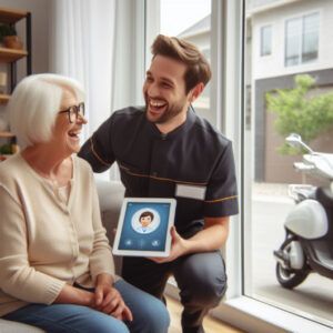 a digital home care worker holding a tablet laughing with a female senior in her living room