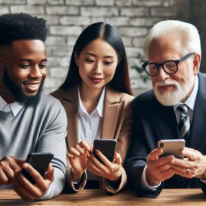 an elderly man, a young asian woman, and a young african american, dressed for a business meeting, and looking at their smartphones