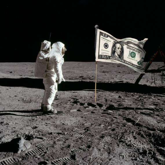 an astronaut on the moon looking at a flag of an american bank note