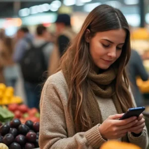 girl looking at her phone in a public market