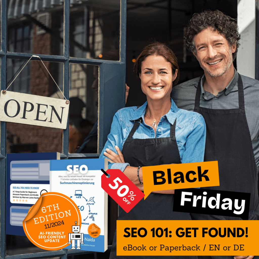 Black Friday 50% deal advertisment for the English and German translation of SEO All You Need to Know paperback and ebook.