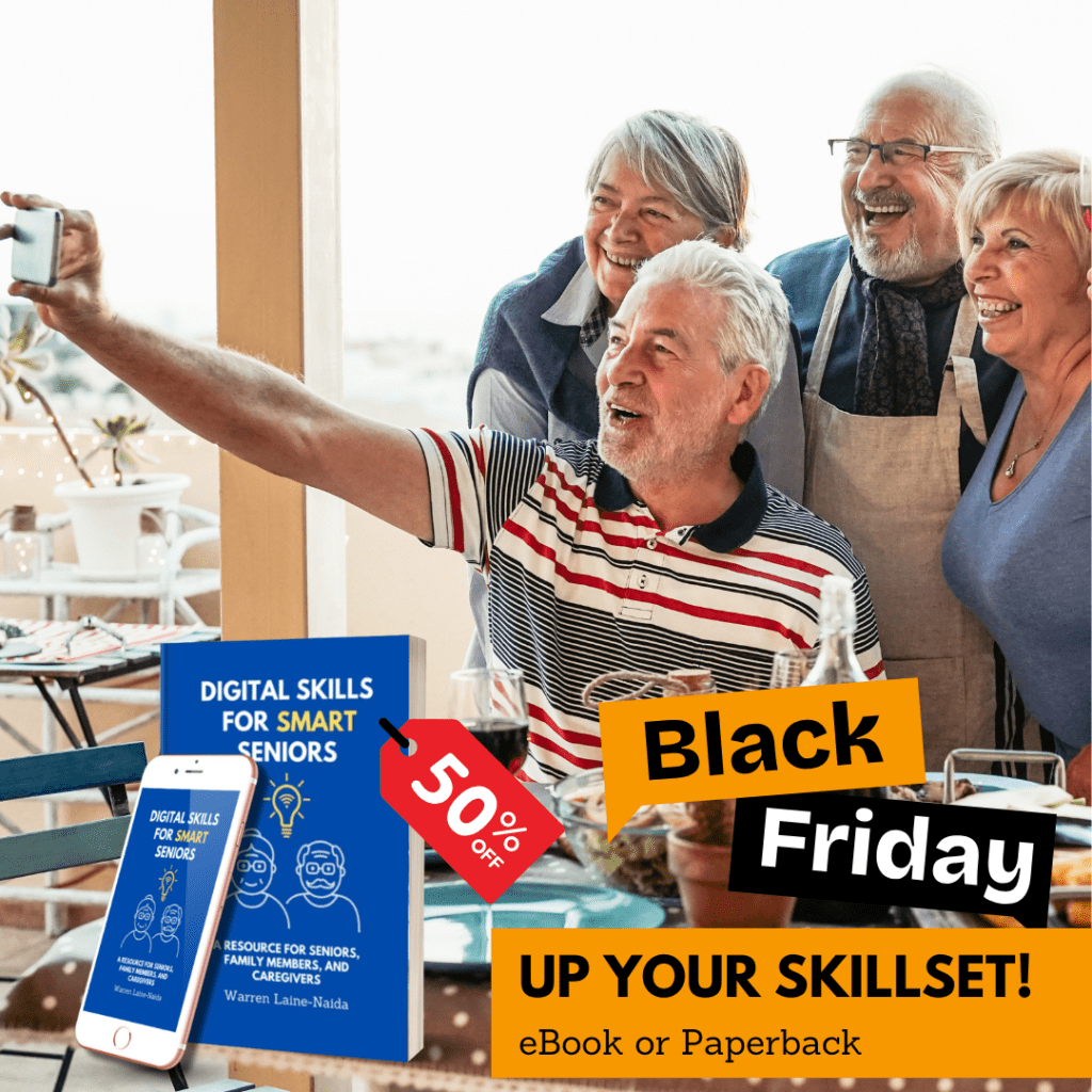 Black Friday 50% deal advertisment for the Digital Skills for Smart Seniors paperback and ebook.