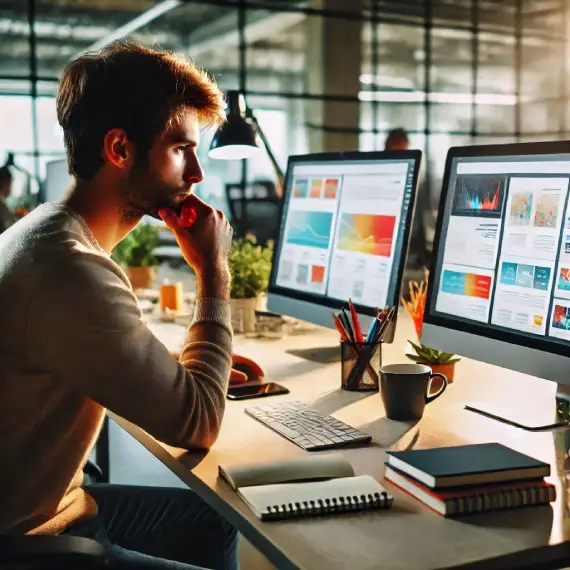 a young man looking at two computer monitors. AI generated image.