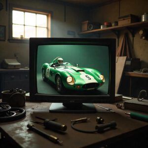 A vintage 1960s race car, painted British racing green, emerges from an old CRT monitor in a cluttered workshop filled with tools and spare parts. Sunlight streams through a dusty window.