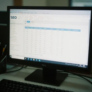 realistic photograph in an office, computer screen showing SEO tools dashboard with analytics table