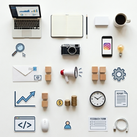 ai generated image of birdseye view online marketing tools on a white background