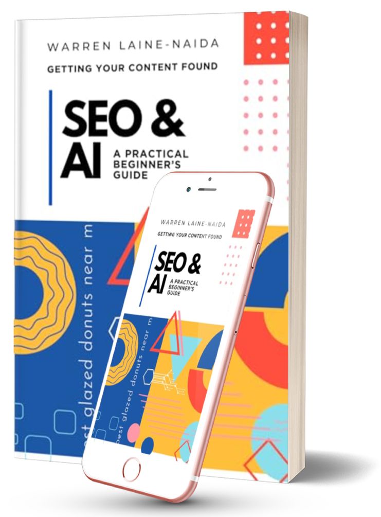 Mockup of SEO & AI paperback and ebook on smartphone by Warren Laine-Naida