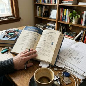 Ai generated image of a book on a messy desk,being held open by a hand.