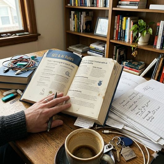 Ai generated image of a book on a messy desk,being held open by a hand.