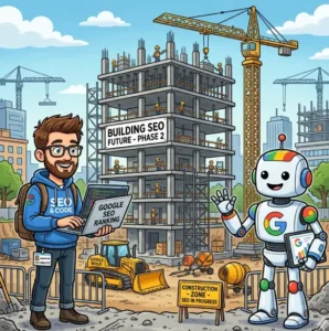 gemini cartoon ai generated warren and robot building seo house