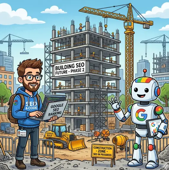 gemini cartoon ai generated warren and robot building seo house